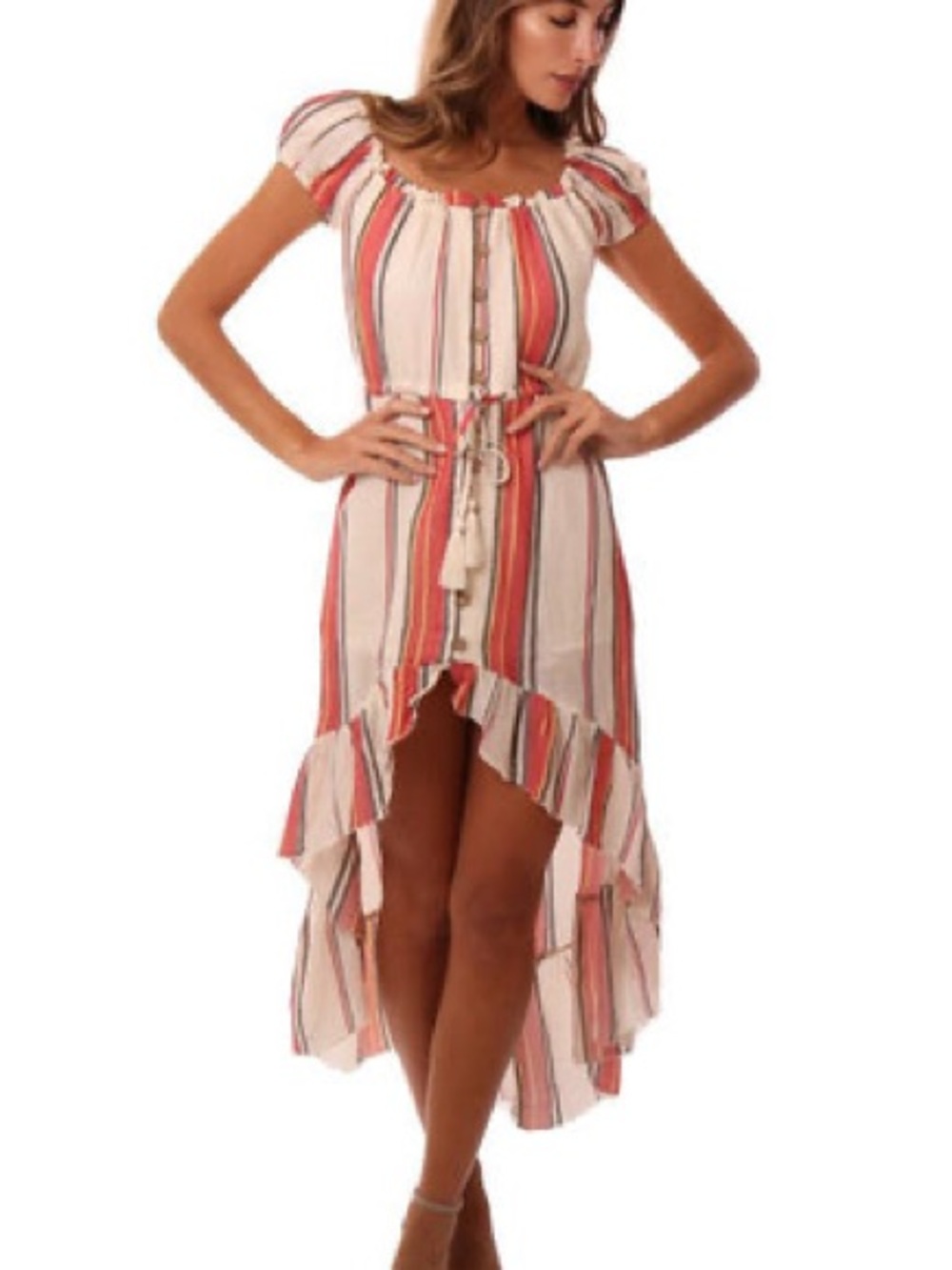 Vintage Havana Coral and Cream Striped High-Low Dress